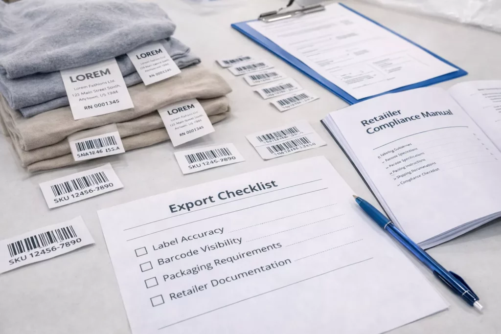 Retailer compliance review with garment labels, barcode stickers, retailer manuals, and export checklist on a merchandising desk