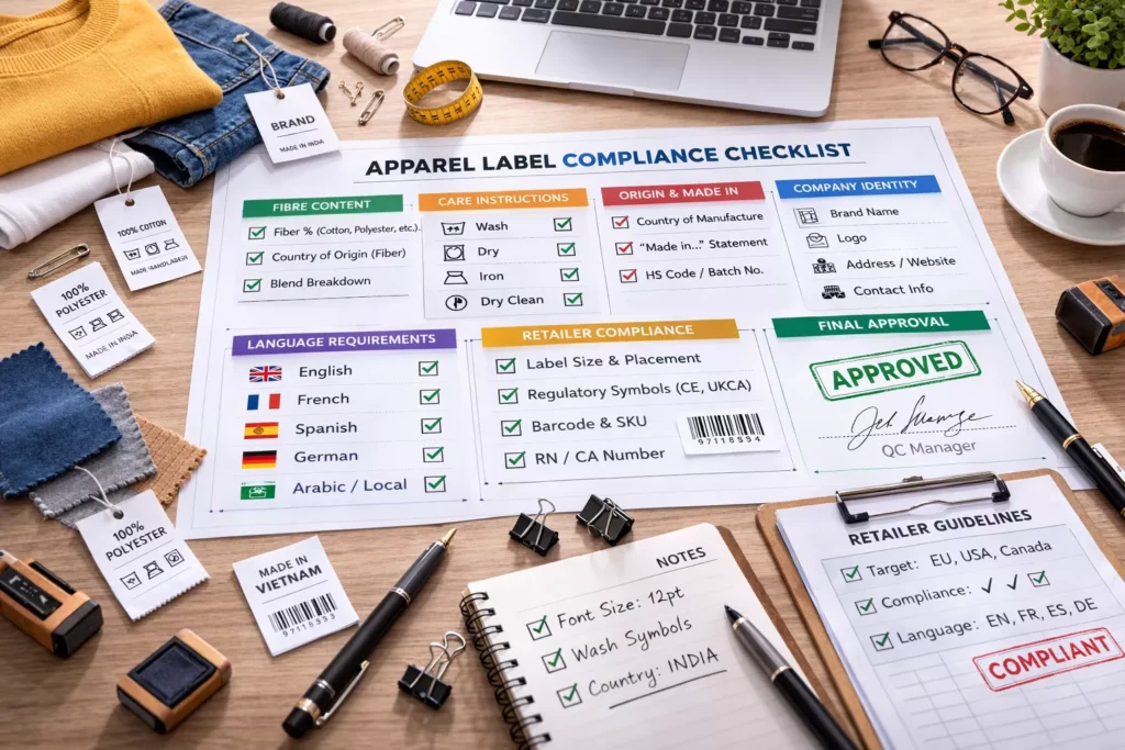 Printable-style international apparel label checklist with fibre, care, origin, company identity, language, and retailer-compliance boxes