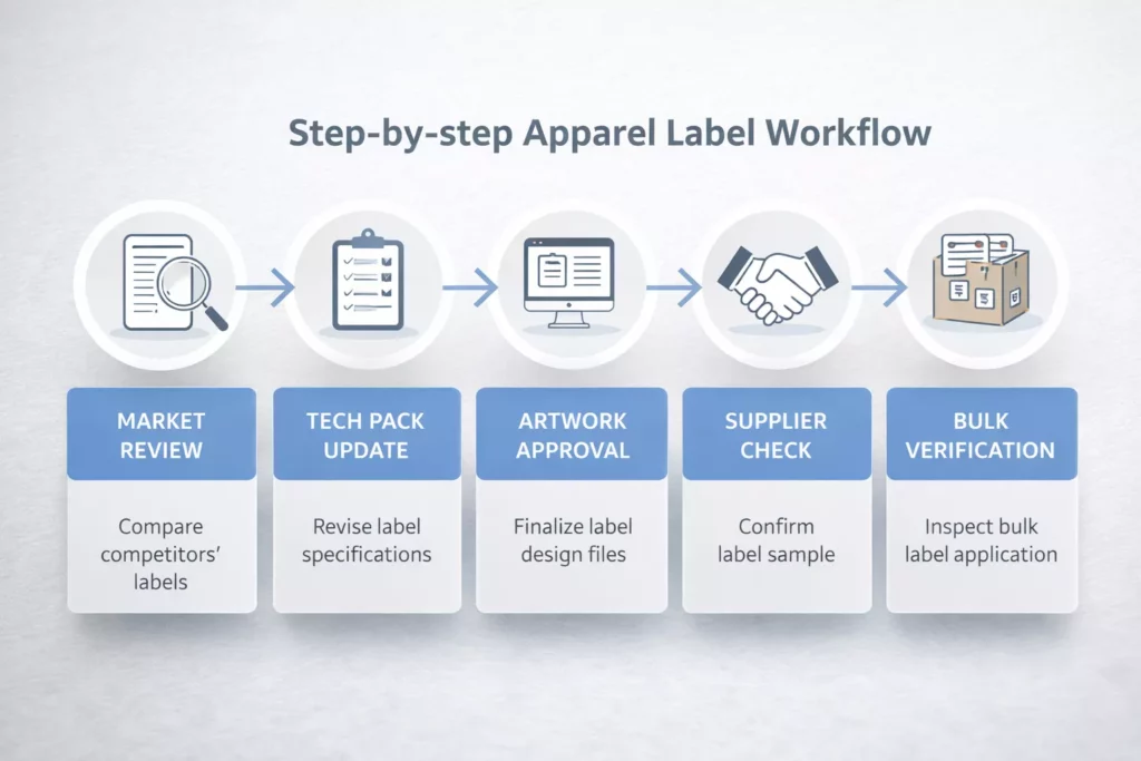 Step-by-step apparel label workflow infographic showing market review, tech pack update, artwork approval, supplier check, and bulk verification