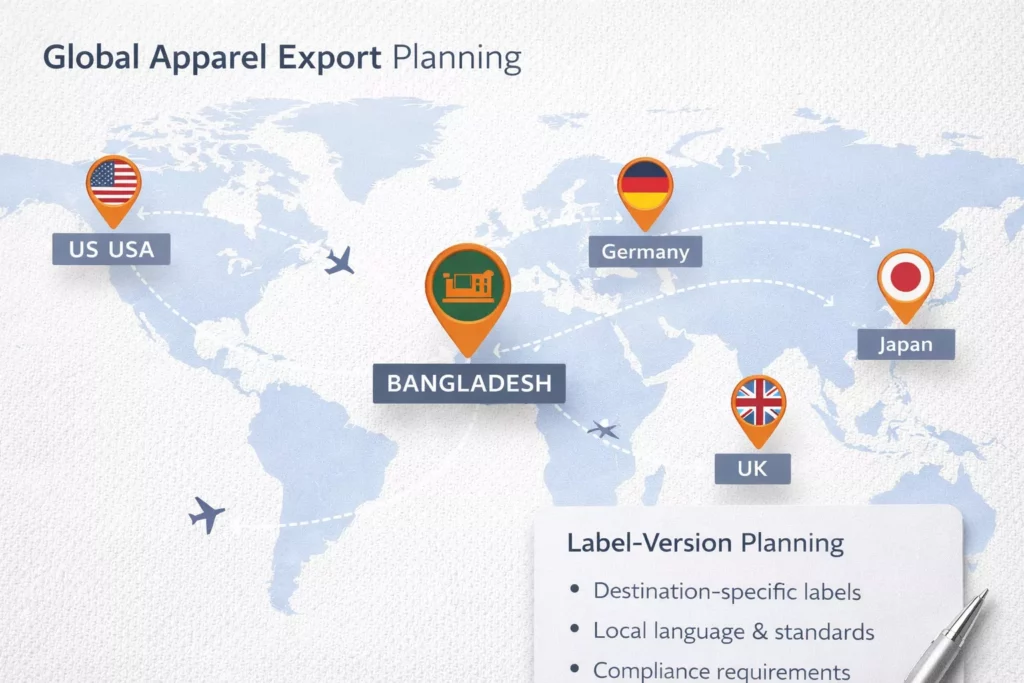 Global apparel export map showing one manufacturing origin and multiple destination markets with label-version planning notes
