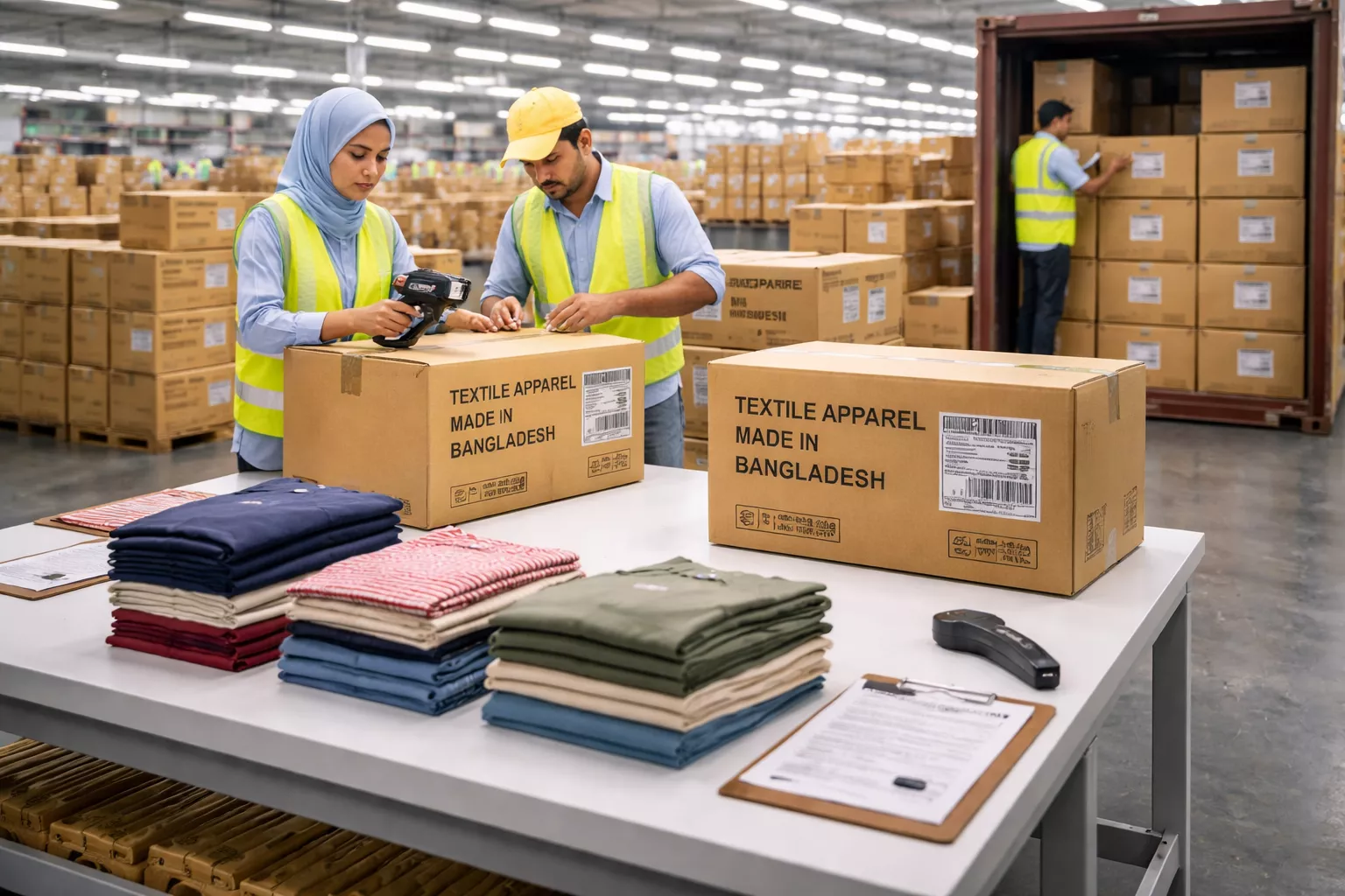 A modern Bangladesh garment factory preparing export cartons, with folded garments on an inspection table, carton labels visible