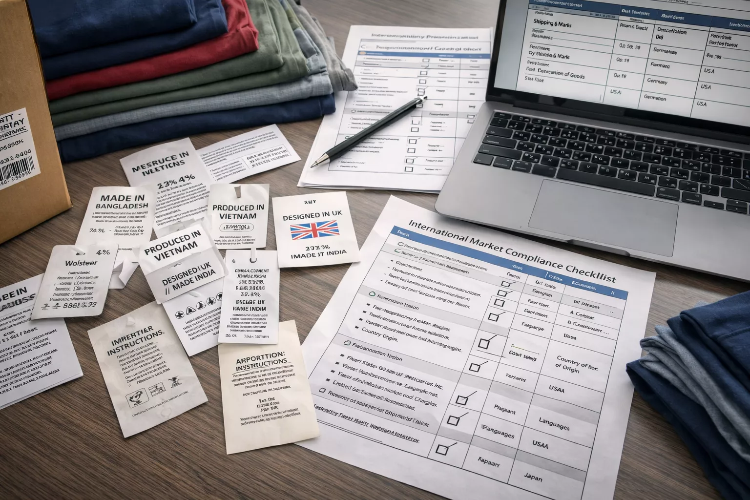 apparel compliance scene showing garment labels, care labels, country of origin tags, fibre composition labels, and packaging inserts spread across a professional desk beside folded clothing