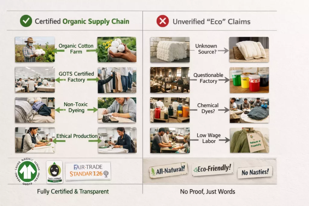 Visual showing the difference between a true certified organic textile chain and a vague “eco” claim without certification, clean educational fashion graphic