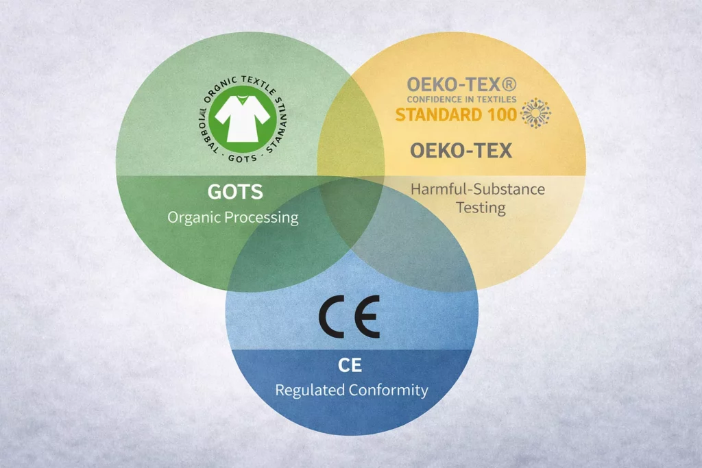 Certification overlap visual showing GOTS, OEKO-TEX, and CE covering different areas such as organic processing, harmful-substance testing, and regulated conformity,