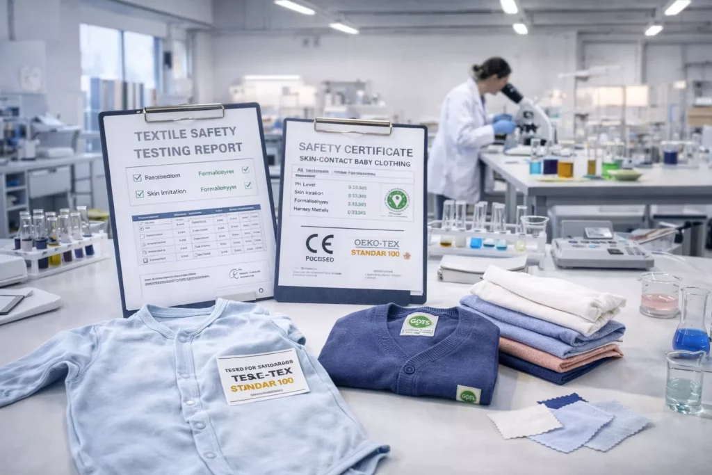 Textile safety testing scene showing lab reports, certified garment labels, baby clothing, and skin-contact fabric samples in a clean scientific-apparel environment