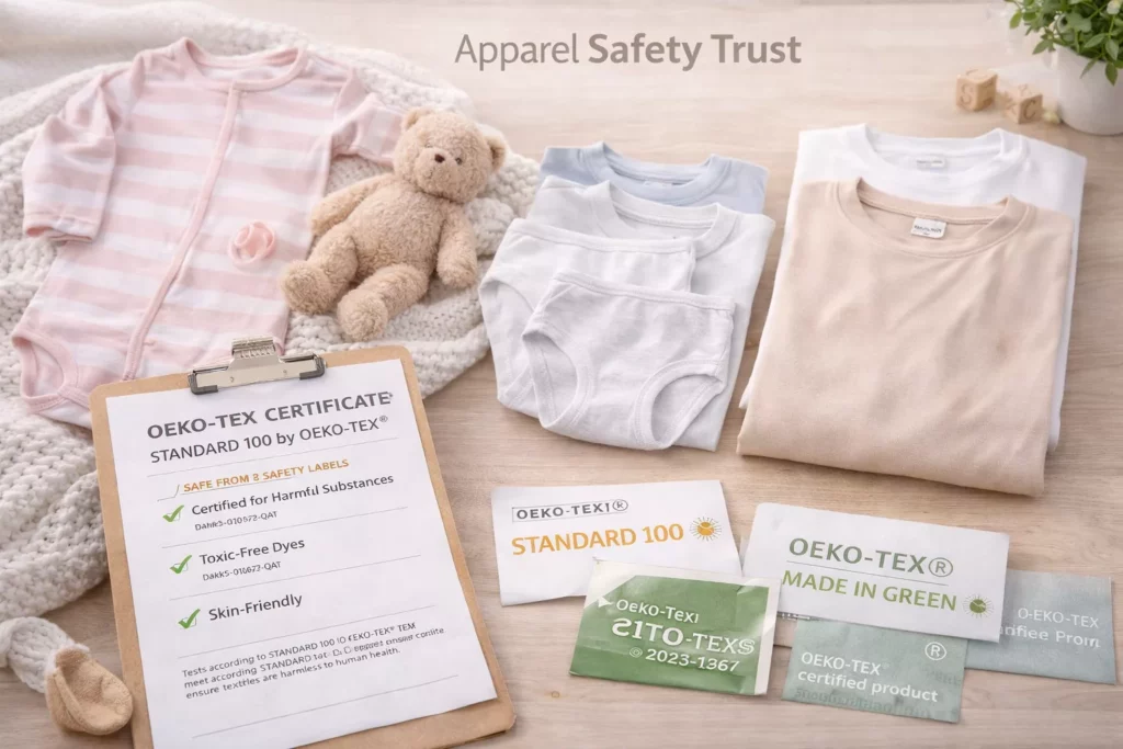 Apparel safety trust scene with babywear, underwear, and basics displayed beside certified testing documents and OEKO-TEX-style textile labels