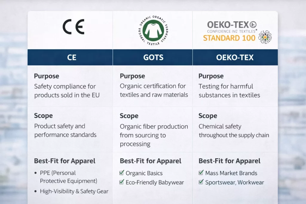 Clean three-column comparison infographic for CE, GOTS, and OEKO-TEX showing purpose, scope, and best-fit apparel use cases