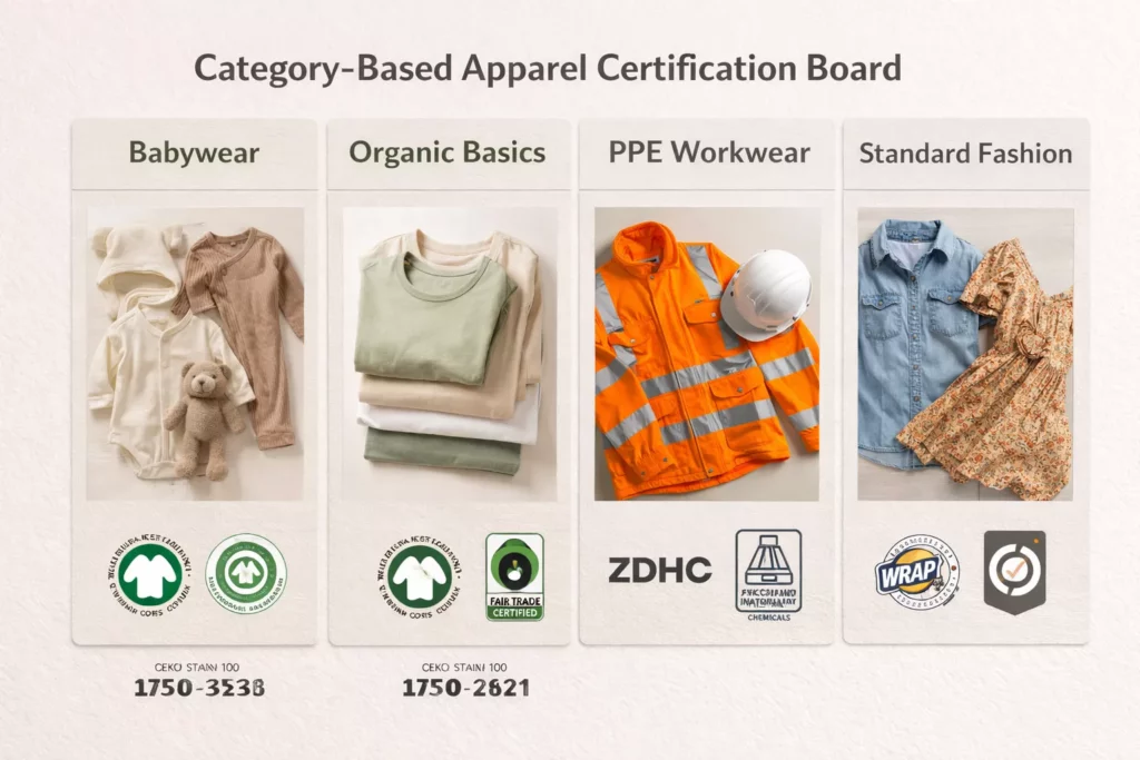 Category-based apparel certification board showing babywear, organic basics, PPE workwear, and standard fashion with the most relevant certification path for each