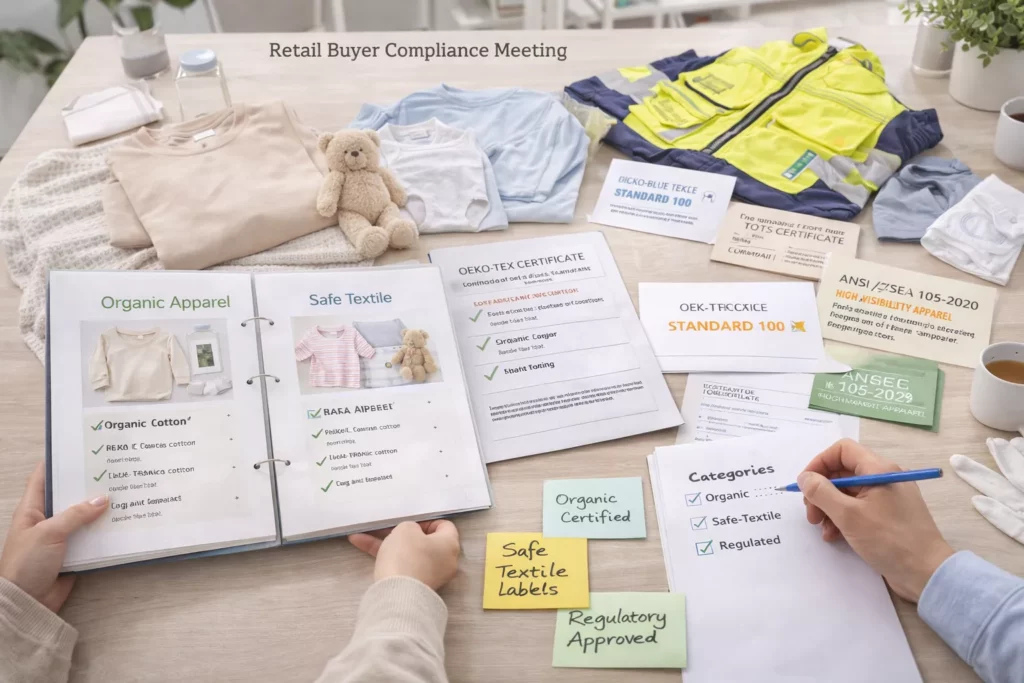 Retail buyer compliance meeting with apparel samples, certification documents, line sheets, and category notes for organic, safe-textile, and regulated products, including those that meet GOTS certification