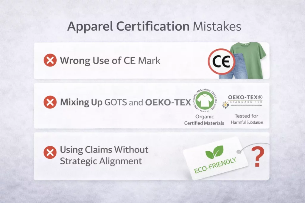 Checklist visual of apparel certification mistakes including wrong use of CE, mixing up GOTS and OEKO-TEX, and using claims without strategic alignment