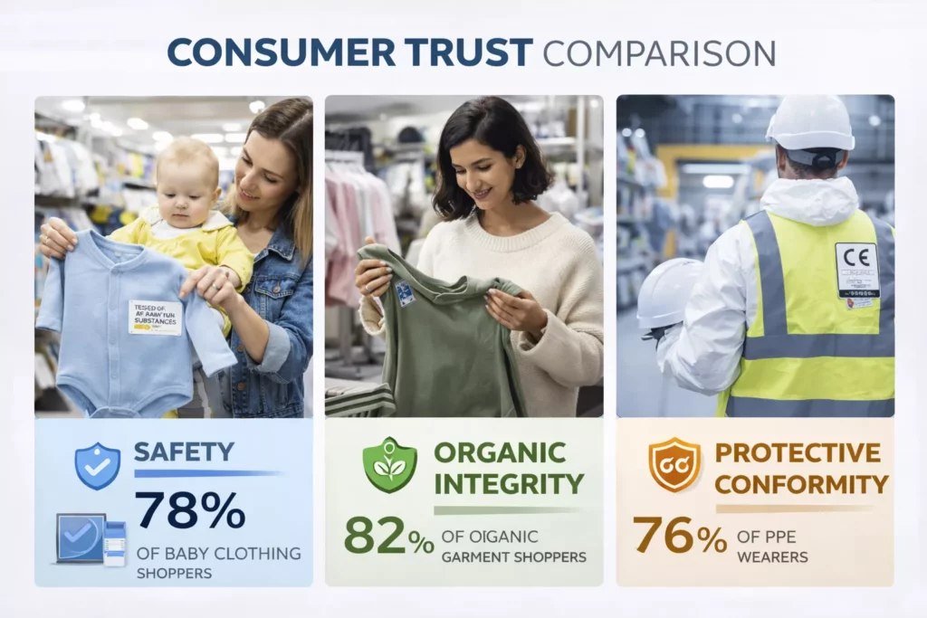 Consumer trust comparison graphic showing shoppers valuing safety, organic integrity, and protective conformity in different apparel categories