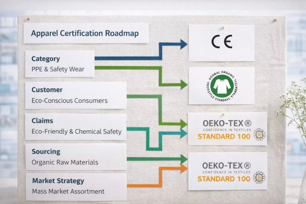 Apparel certification roadmap board linking category, customer, claims, sourcing, and market strategy to the right certification path
