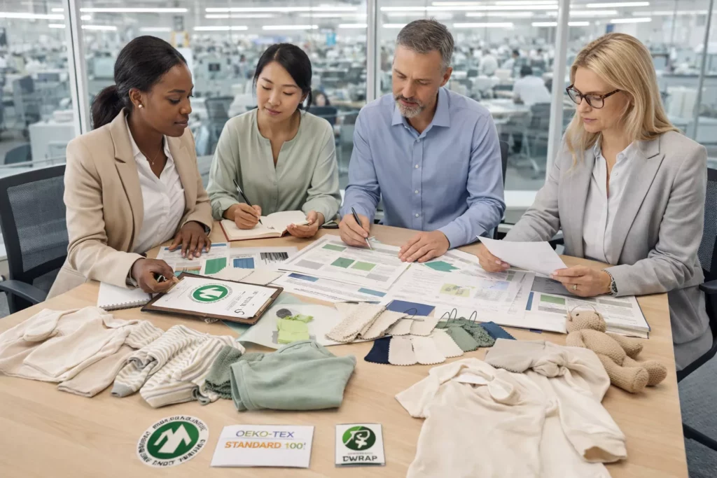 Professional apparel compliance and sourcing meeting with certification references, fabric swatches, product samples, and development notes reviewed by a merchandising team in a modern factory office