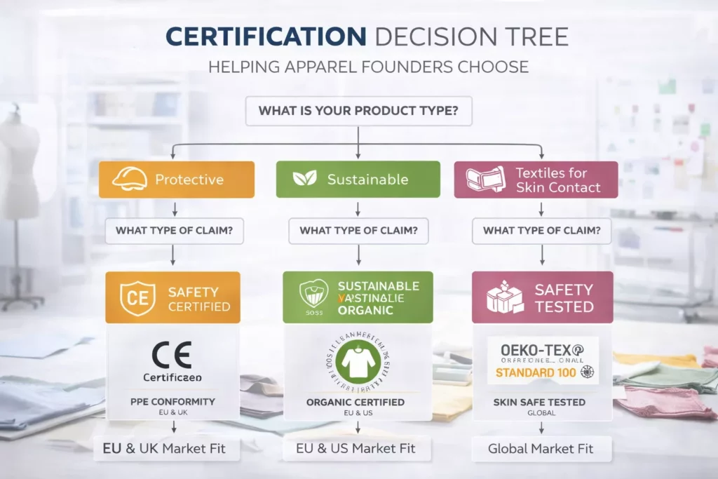 a decision-tree infographic helping apparel founders choose between CE, GOTS, and OEKO-TEX based on product type, claim type, and market fit