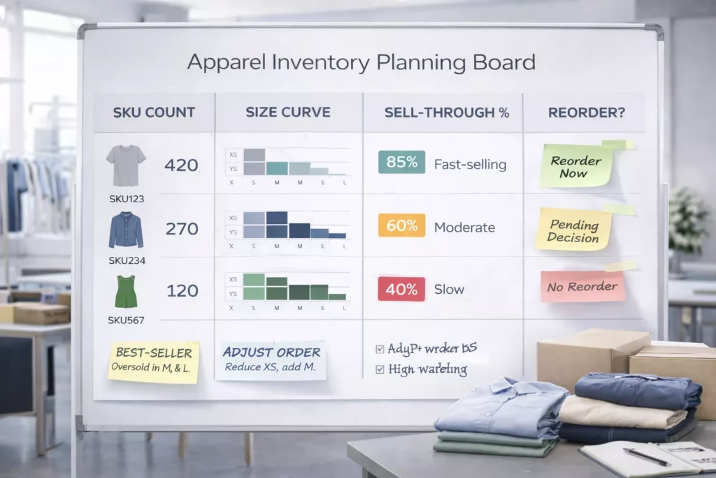 Apparel inventory planning board with SKU counts, size curves, sell-through notes, and reorder decisions beside folded garments and cartons