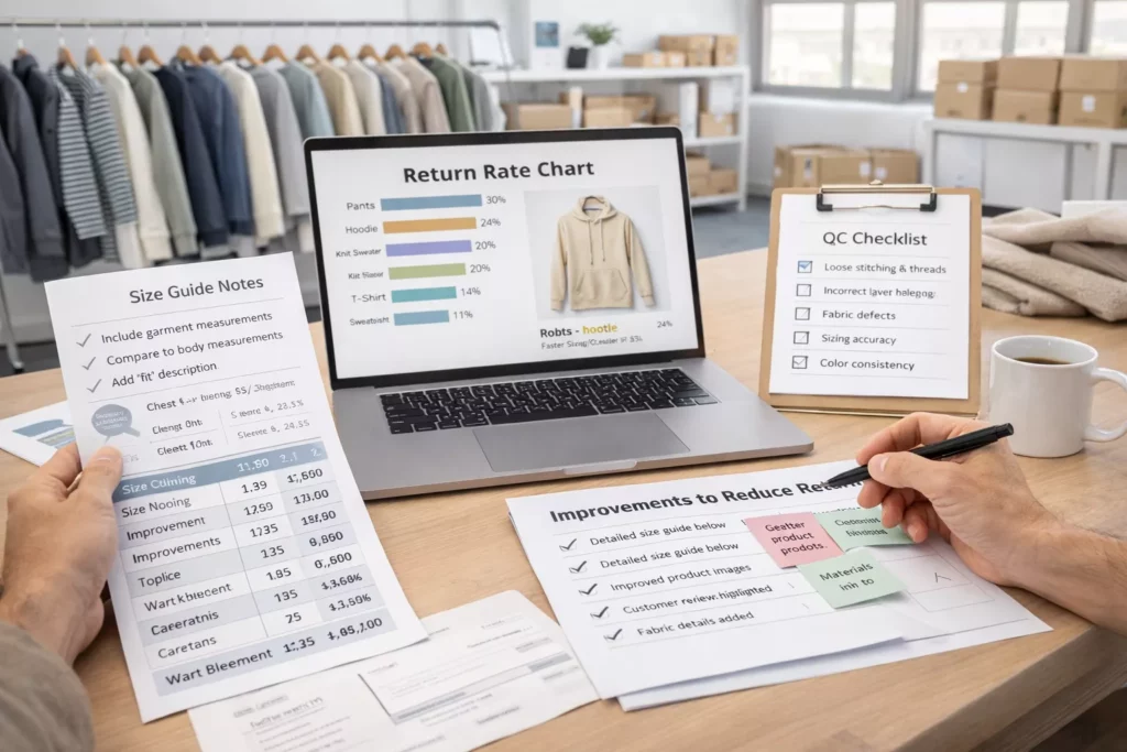 Apparel return-reduction planning scene with size guide notes, product page improvements, QC checklist, and return-rate chart on a laptop