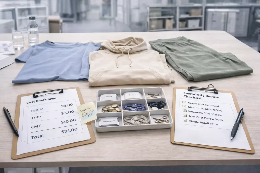 Apparel product development table with sample garments, cost notes, trim options, and profitability review checklist in a modern factory office