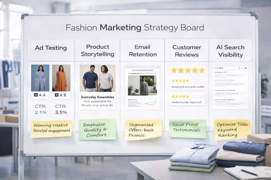 Fashion marketing strategy board with ad testing, product storytelling, email retention, customer reviews, and AI-search visibility notes