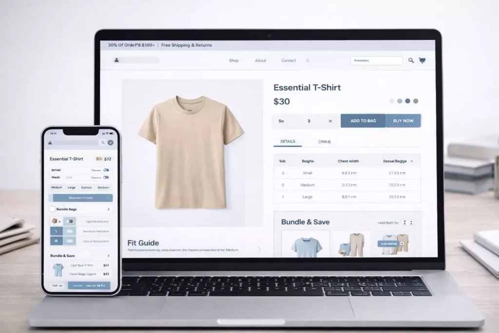 Modern fashion ecommerce site mockup with clean product pages, fit guide, bundle suggestions, and mobile-optimized conversion flow