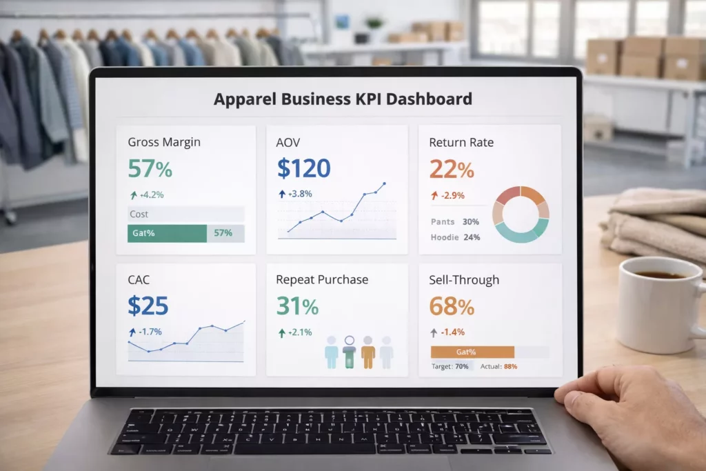 Apparel business KPI dashboard showing gross margin, AOV, return rate, CAC, repeat purchase, and sell-through in a clean analytics interface