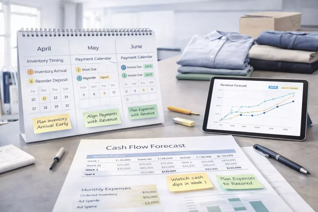 Fashion cash flow planning scene with inventory timing, payment calendar, reorder deposits, and revenue forecast shown on a founder’s desk,