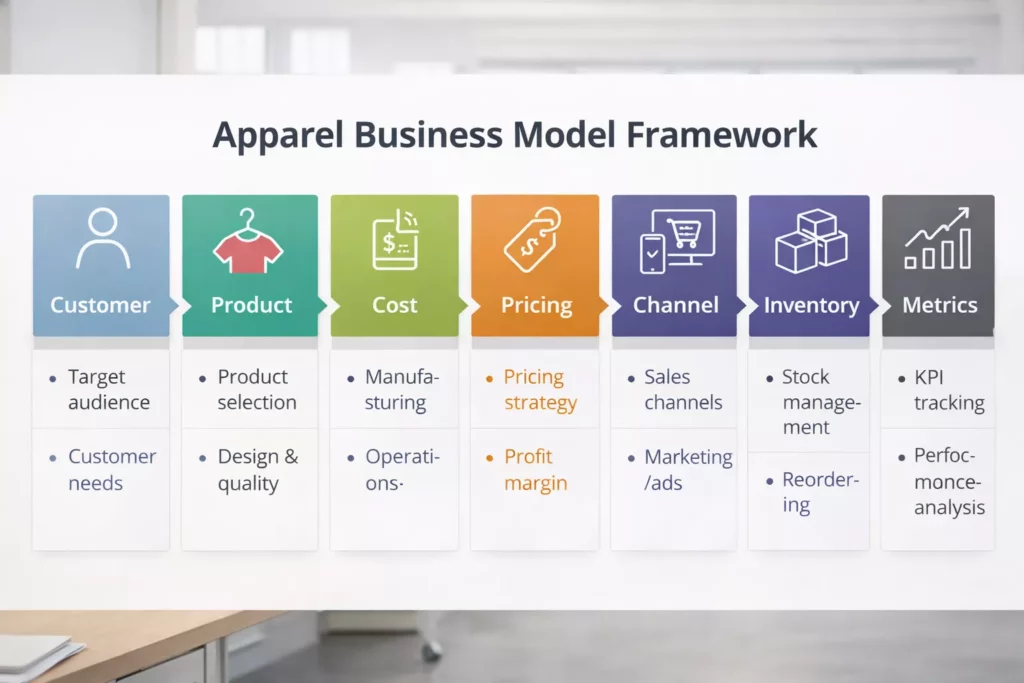 Step-by-step apparel business model framework infographic with customer, product, cost, pricing, channel, inventory, and metrics stages