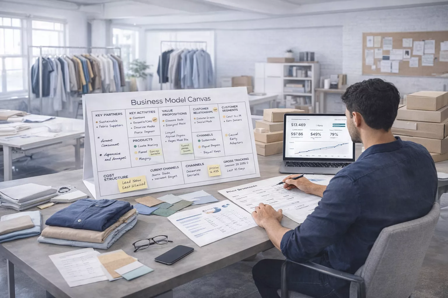 a clothing brand founder reviewing a business model canvas, pricing sheets, sample garments, fabric swatches, packaging mockups, and a laptop showing ecommerce metrics