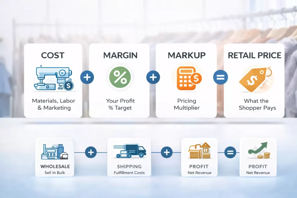 Modern infographic showing clothing line pricing fundamentals with icons for cost, margin, markup, retail price, wholesale, shipping, and profit