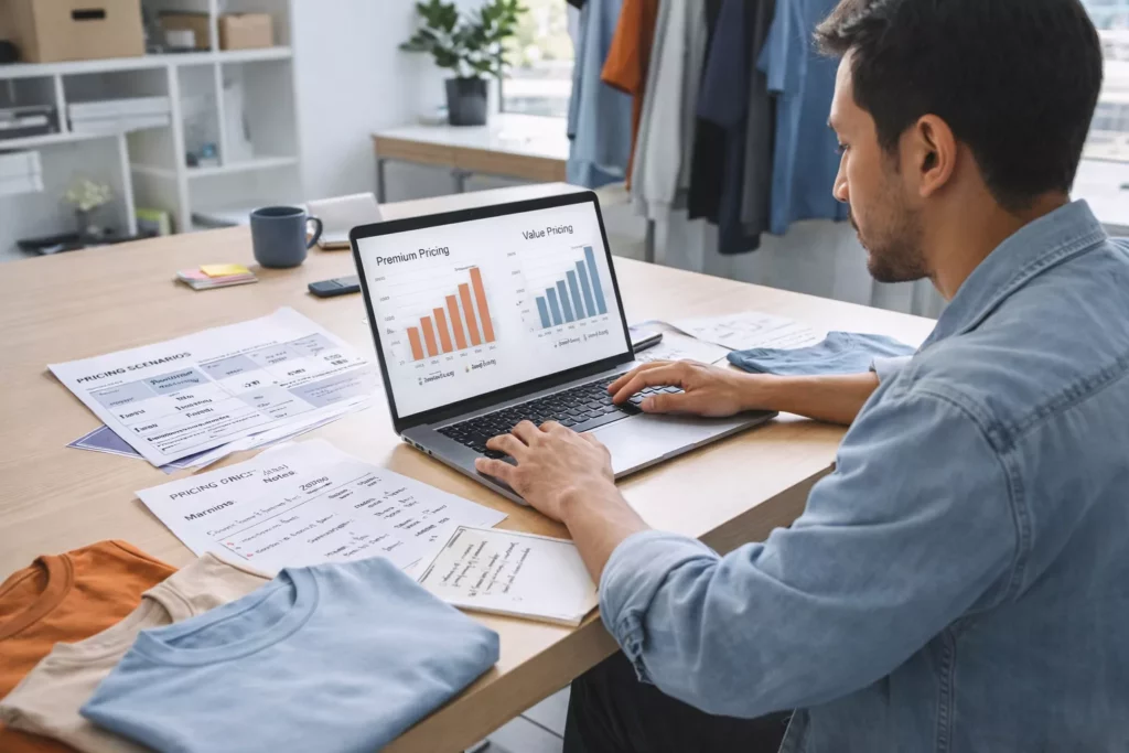Fashion founder reviewing pricing charts, margin notes, and product samples while comparing business scenarios on a laptop