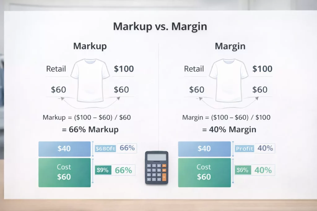 Simple educational chart comparing markup and margin with a clothing item example, calculator, and clear percentage breakdown