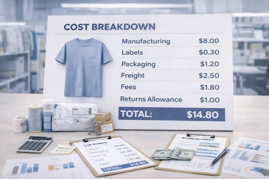 Cost breakdown board for a clothing product showing manufacturing, labels, packaging, freight, fees, and returns allowance