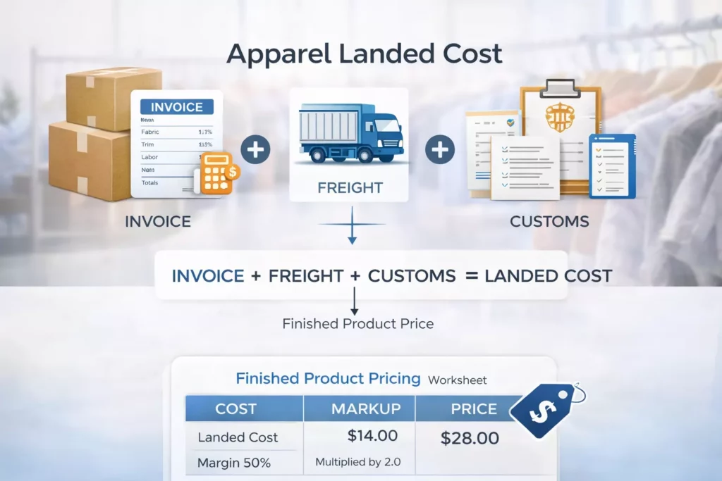 Apparel landed cost visual with cartons, invoices, freight icons, customs notes, and finished product pricing worksheet
