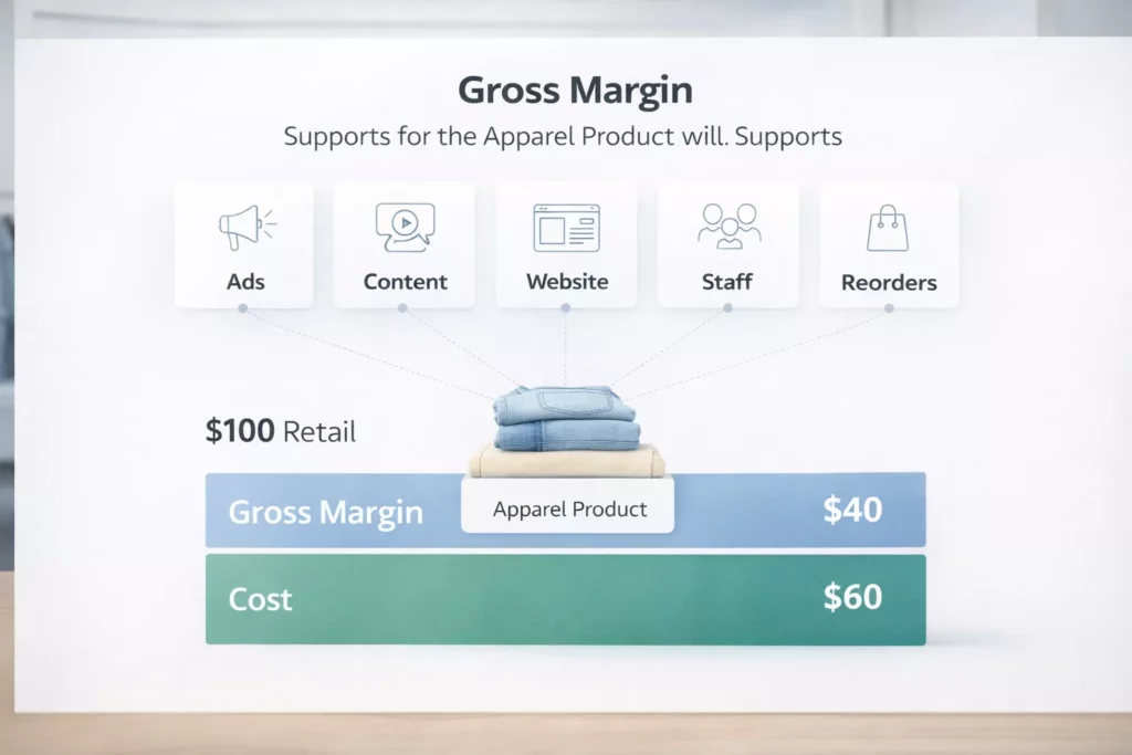Gross margin visual showing how apparel product profit supports ads, content, website, staff, and reorders, clean modern business graphic