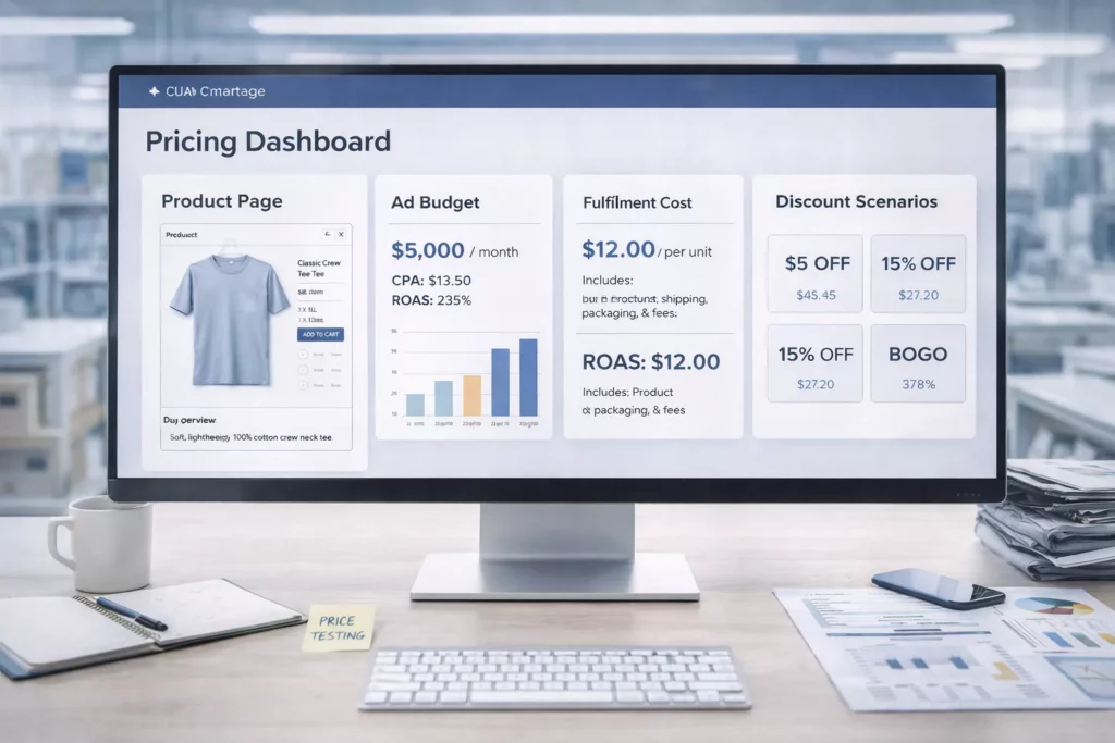 DTC clothing brand pricing dashboard with product page, ad budget, fulfillment cost, and discount scenarios displayed on screen