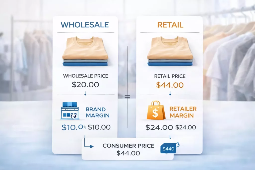 Wholesale versus retail pricing comparison board with brand margin, retailer margin, and final consumer price visualized for apparel products