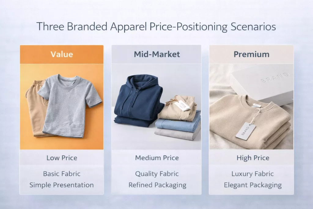 Three branded apparel price-positioning scenarios showing value, mid-market, and premium clothing products with corresponding fabric and presentation cues
