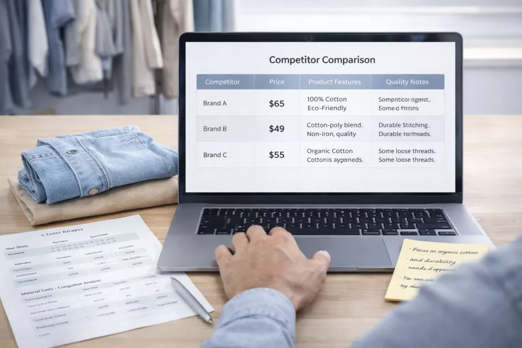 Founder comparing competitor apparel prices, product features, and quality notes on a laptop beside sample garments and pricing worksheets