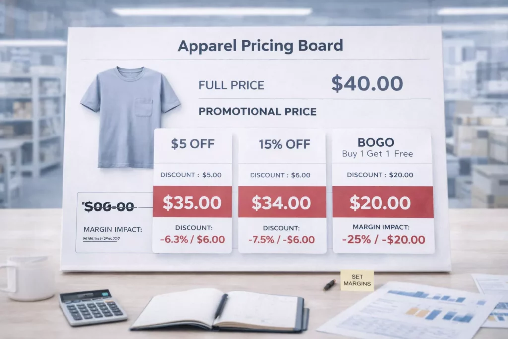 pparel pricing board showing full price, promotional price, and margin impact for common discount scenarios