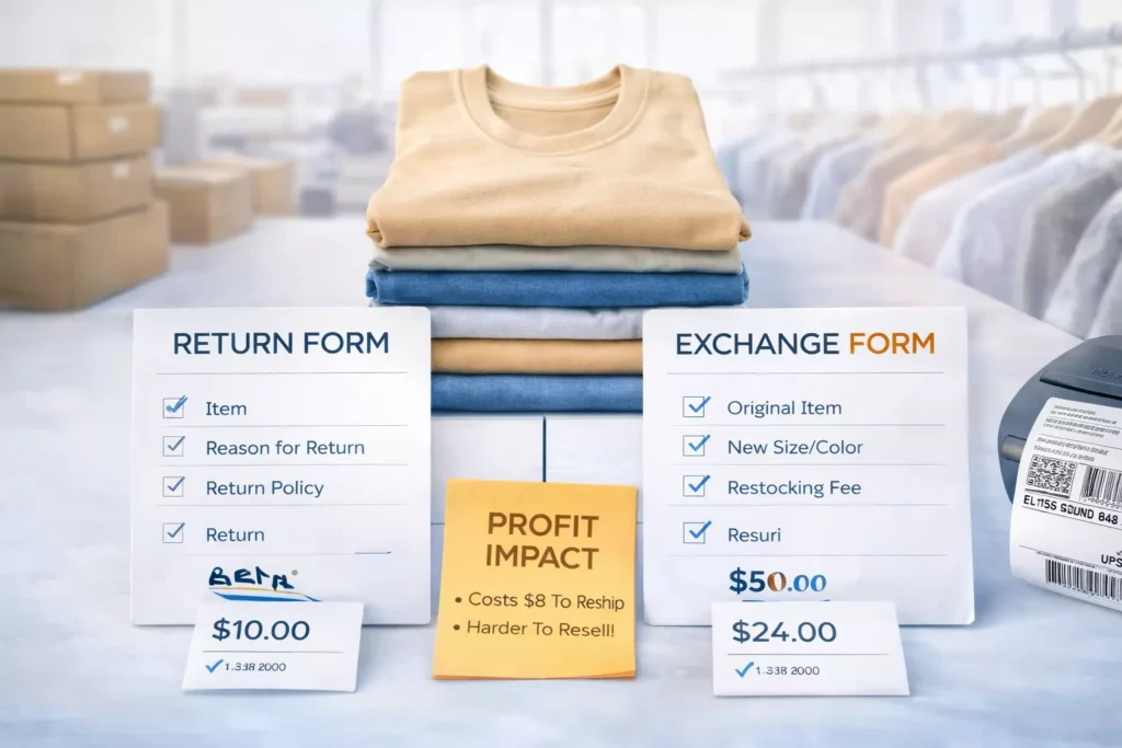 Ecommerce apparel operations scene showing returns, exchanges, shipping labels, and profit-impact notes beside folded garments