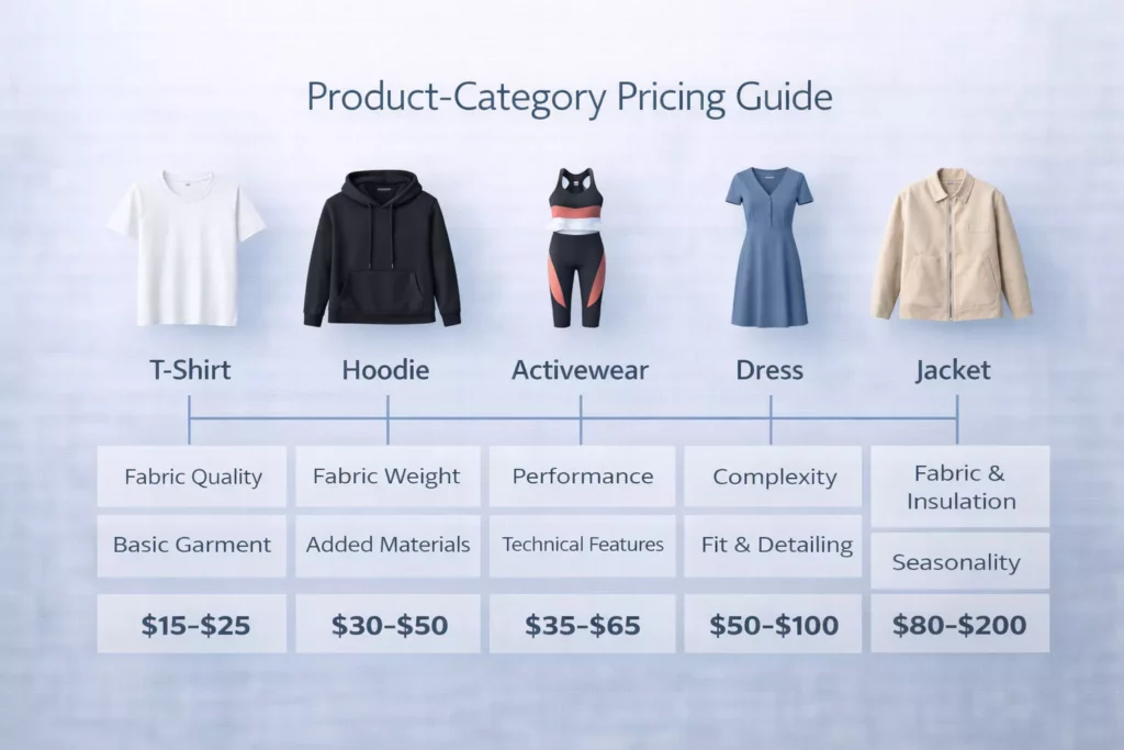 Product-category pricing guide with t-shirt, hoodie, activewear, dress, and jacket examples linked to different pricing considerations