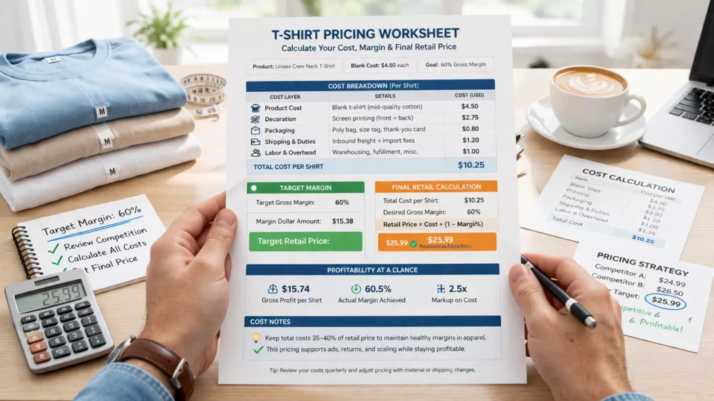 Detailed t-shirt pricing worksheet with cost layers, target margin, and final retail calculation displayed in a clean professional format