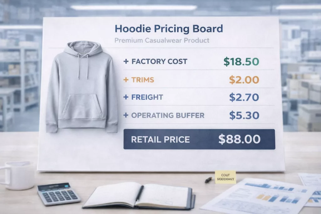 Hoodie pricing board showing factory cost, trims, freight, operating buffer, and final retail price for a premium casualwear product