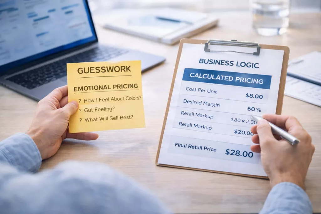 Founder comparing emotional pricing notes versus calculated pricing sheets, with clear visual contrast between guesswork and business logic