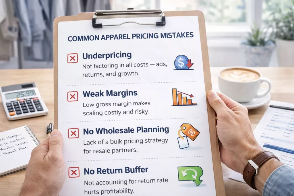 Checklist-style infographic showing common apparel pricing mistakes such as underpricing, weak margins, no wholesale planning, and no return buffer