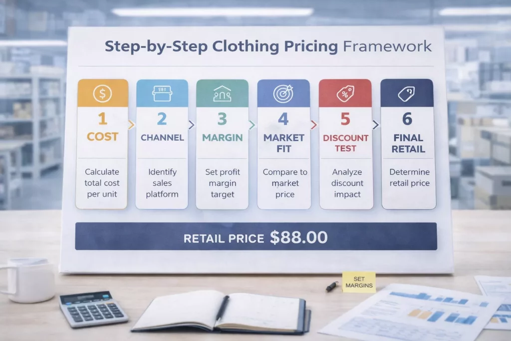 Step-by-step clothing pricing framework infographic with cost, channel, margin, market fit, discount test, and final retail steps