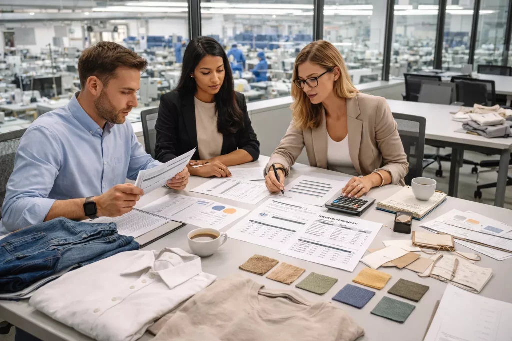 Professional apparel costing and sourcing meeting with product samples, cost sheets, fabric swatches, and manufacturing notes reviewed by a merchandising team in a modern factory office