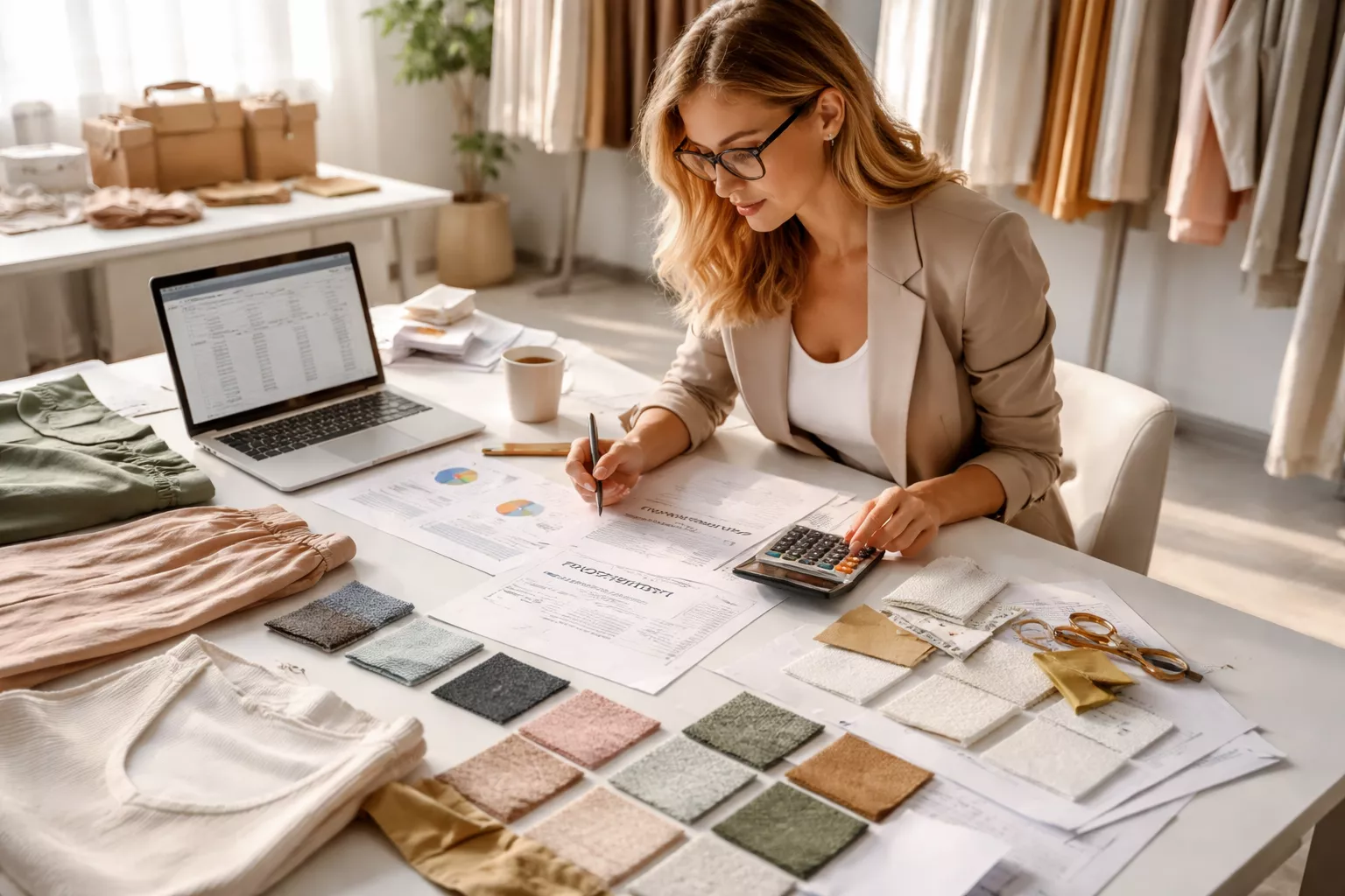 a fashion business planning scene with a clothing brand founder reviewing pricing sheets, sample garments, fabric swatches, calculator, laptop, and retail tags