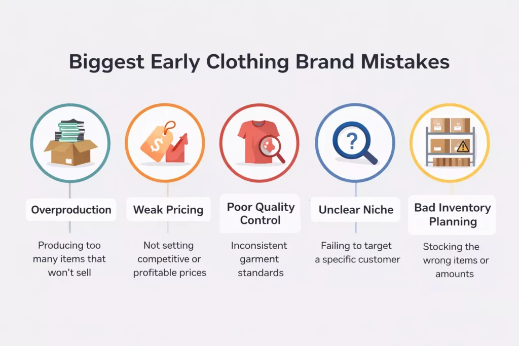Modern infographic showing the biggest early clothing brand mistakes such as overproduction, weak pricing, poor quality control, unclear niche, and bad inventory planning