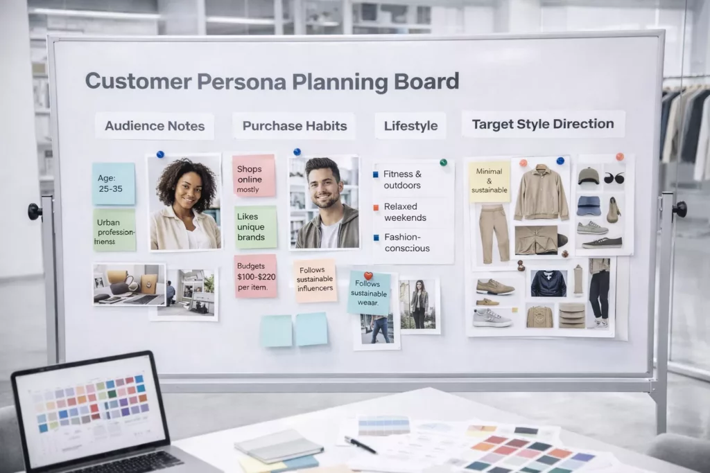 Customer persona planning board for a startup clothing brand with audience notes, purchase habits, lifestyle references, and target style direction, modern strategy workspace