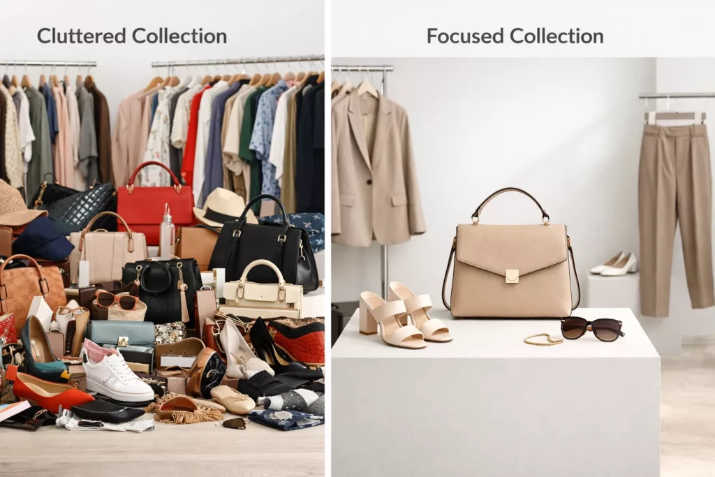 Side-by-side visual showing an overcrowded first collection plan versus a focused mini collection with a clear hero product and supporting styles